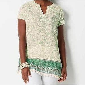 J. Jill vineyard border print tassel fringe tunic NWT size XSP Mojito Han blouse